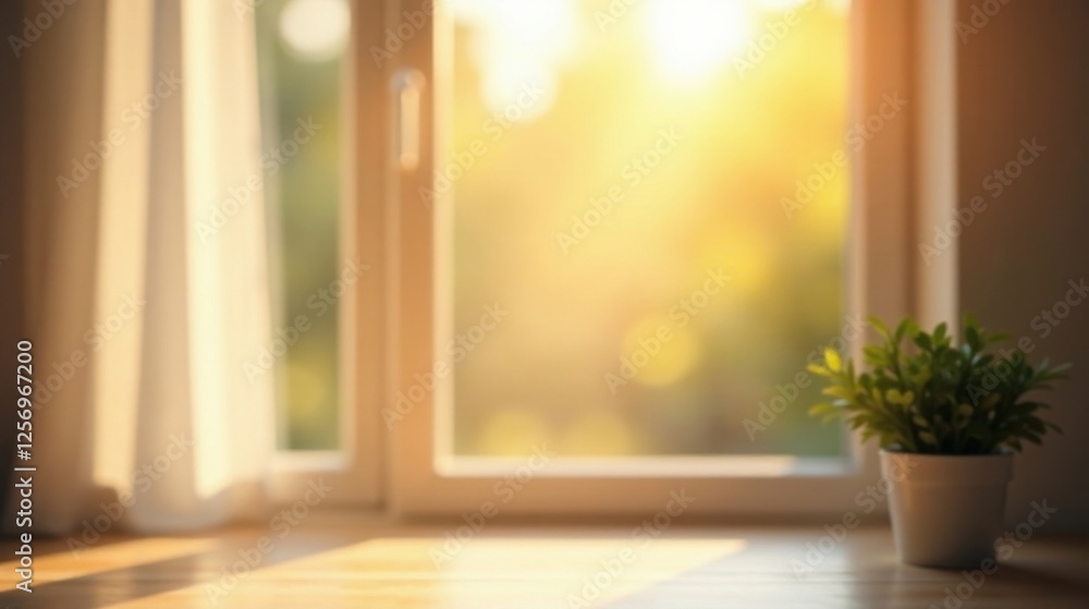 Fototapeta premium Warm Sunlight Illuminates a Tranquil Indoor Scene with a Small Potted Plant on a Windowsill