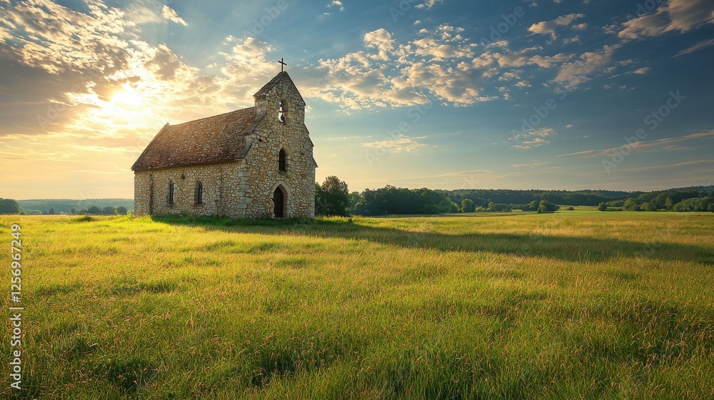 A scenic view of an ancient stone church bathed in golden sunlight, surrounded by lush green fields and a clear blue sky, evoking tranquility and beauty. A scenic view of an ancient stone church bathed in golden sunlight, surrounded by lush green fields and a clear blue sky, evoking tranquility and beauty.
