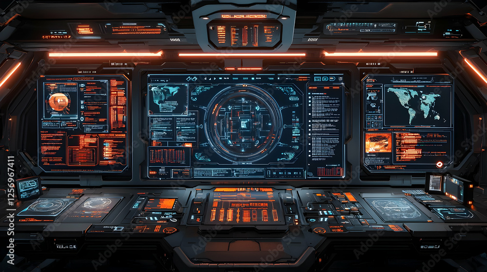 Spaceship control panel, futuristic interface, mission control, global map display, science fiction background, for tech websites Spaceship control panel, futuristic interface, mission control, global map display, science fiction background, for tech websites