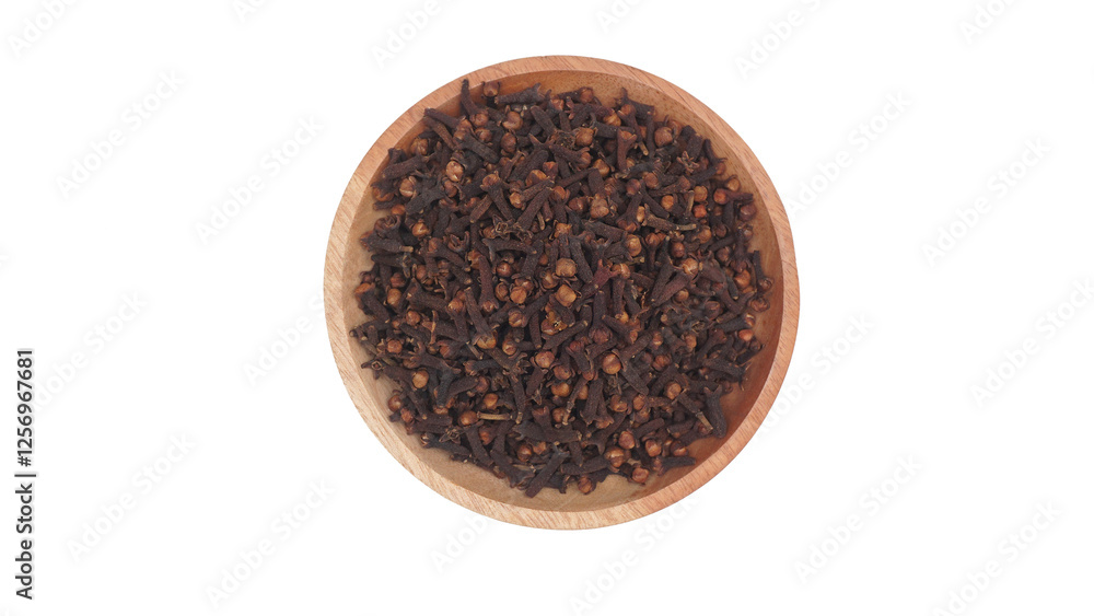 Top View of Dried Cloves on Wooden Plate with Selective Focus Isolated on Transparent Background Top View of Dried Cloves on Wooden Plate with Selective Focus Isolated on Transparent Background