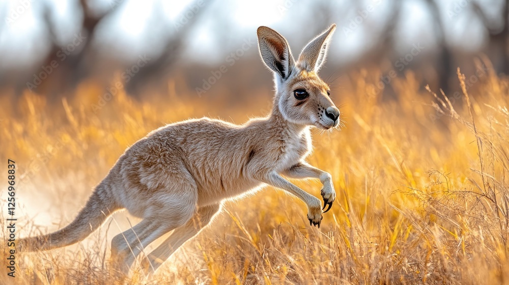 A kangaroo leaps gracefully through golden grass under a bright sky in a serene landscape A kangaroo leaps gracefully through golden grass under a bright sky in a serene landscape