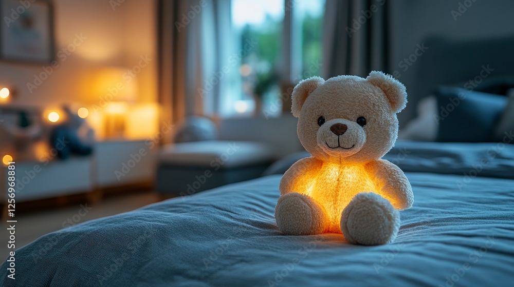 Illuminated teddy bear on bed, cozy bedroom, night lights