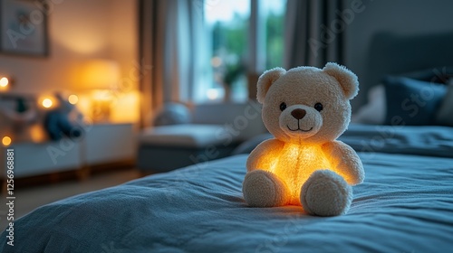 Obraz na płótnie Illuminated teddy bear on bed, cozy bedroom, night lights w salonie