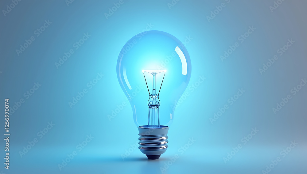  A simple 3D render of a glowing light bulb, symbolizing creativity, new ideas, and innovation, placed on a plain white background.