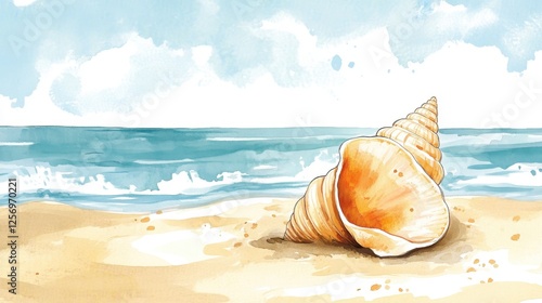 A serene beach scene featuring seashells on soft sand, with gentle waves lapping in the distance and clouds lazily drifting in a bright blue sky.