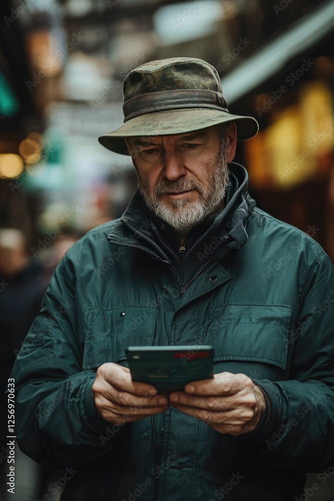 Elderly Man in Hat Using Smartphone Outdoors in Urban Setting Elderly Man in Hat Using Smartphone Outdoors in Urban Setting