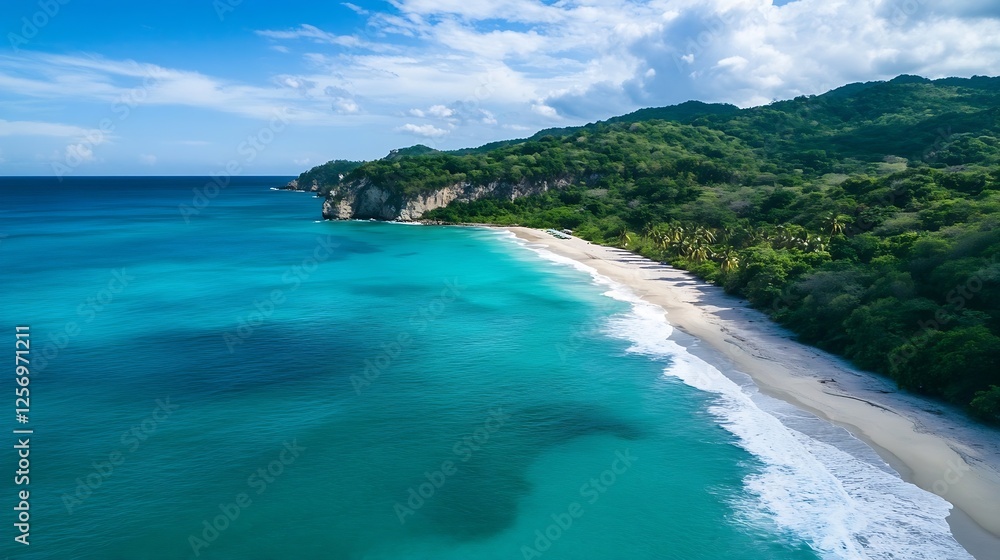 Aerial view of a tropical beach with turquoise waters and lush green hills showcasing nature's beauty : Generative AI Aerial view of a tropical beach with turquoise waters and lush green hills showcasing nature's beauty : Generative AI