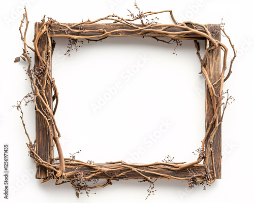 rustic wooden frame with dried twigs and vines on white background for autumn and fall design