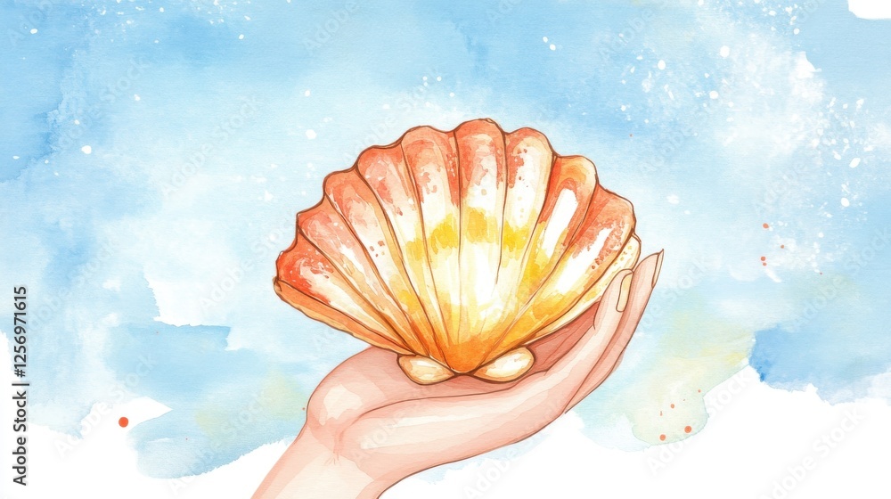 Fototapeta premium A vibrant illustration showcasing a hand gently holding an orange and yellow scallop shell against a soft blue watercolor background, evoking tranquility.
