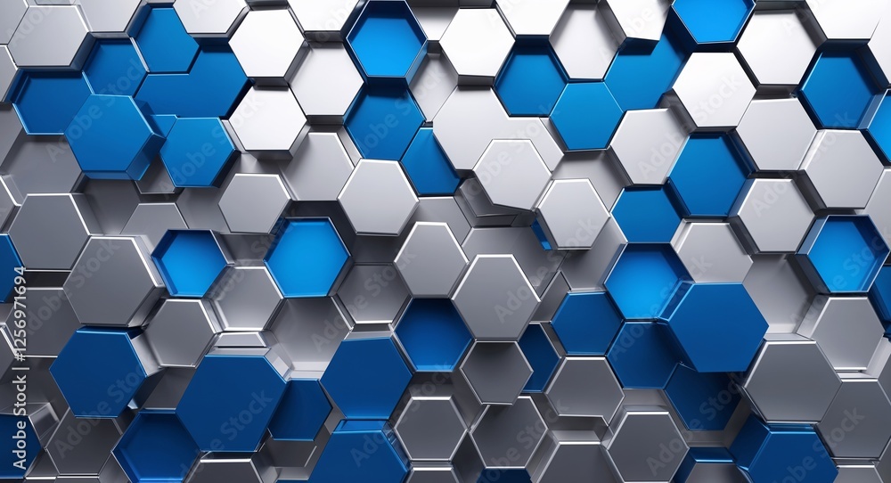 Silver background with blue random hexagons shapes abstract backdrop illustration Silver background with blue random hexagons shapes abstract backdrop illustration