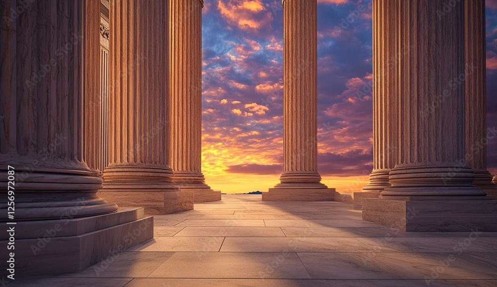 Ancient Columns Sunset: Majestic Pillars at Golden Hour, Classical Architecture at Dusk, Serene Landscape, Tranquil Scene Ancient Columns Sunset: Majestic Pillars at Golden Hour, Classical Architecture at Dusk, Serene Landscape, Tranquil Scene