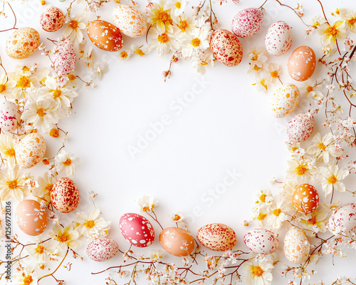 easter eggs and flowers  springtime frame background  pastel colors  white background  holiday decoration  decoration  flowers  easter eggs  decoration  background