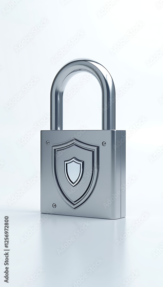 Fototapeta premium A simple 3D render of a padlock with a shield, symbolizing cybersecurity and data protection, placed on a plain white background.
