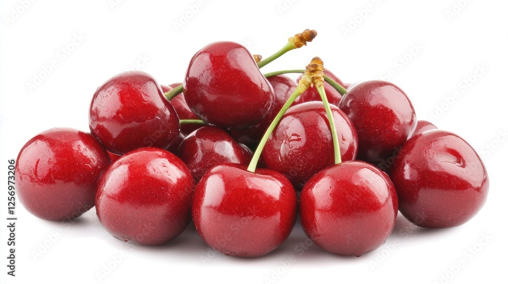 Fresh, ripe cherries piled together on a white background, showcasing their vibrant color and sheen Fresh, ripe cherries piled together on a white background, showcasing their vibrant color and sheen