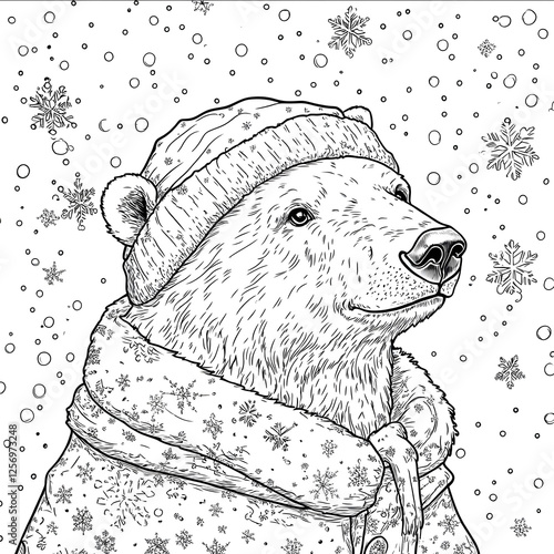 Thick line drawing of the base of an advanced coloring book a polar bear dressed in warm winter clothing surrounded by a sky filled with delicate snowflakes hi