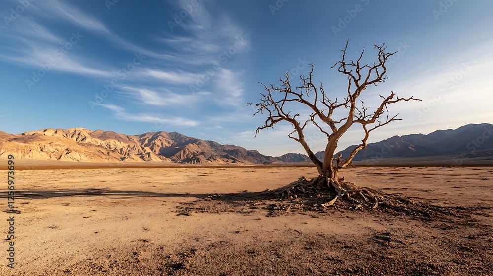 Lone tree standing in a barren landscape showcasing resilience and the beauty of desolation : Generative AI