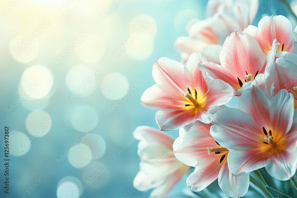 Fototapeta premium Serene Pink and White Tulips Against Soft Bokeh Background in Gentle Morning Light