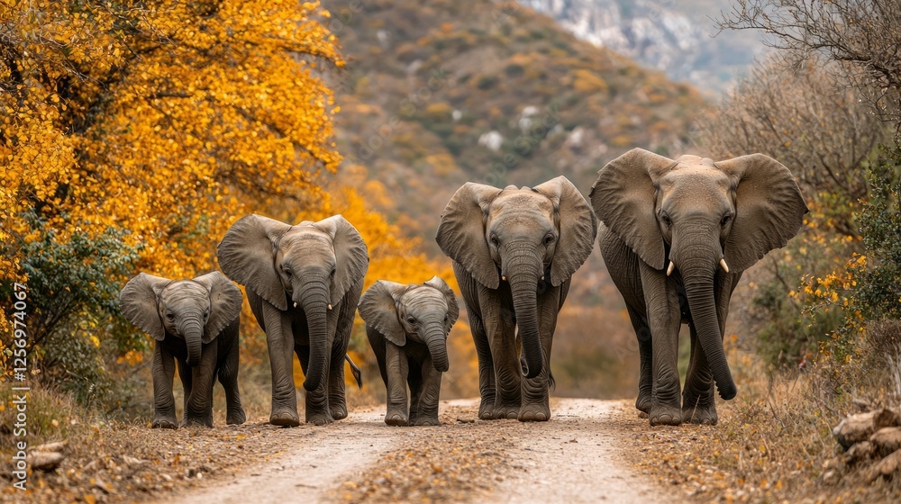 Obraz premium Elephant family autumn road walk nature wildlife