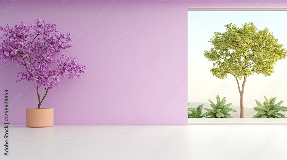 Obraz premium Modern interior with a purple wall, potted flowering tree, and a scenic view of greenery outside