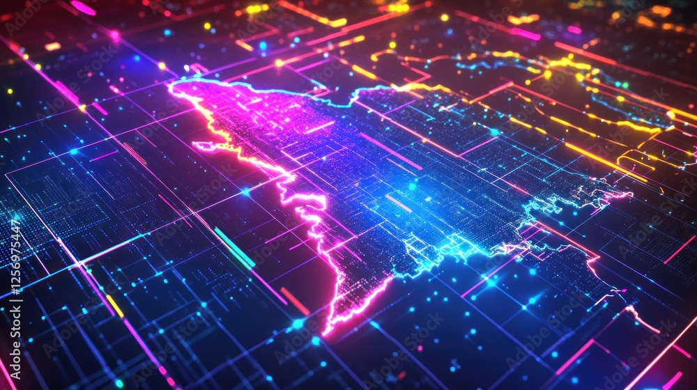 A vibrant digital map with neon lines and glowing nodes, representing data visualization. A vibrant digital map with neon lines and glowing nodes, representing data visualization.