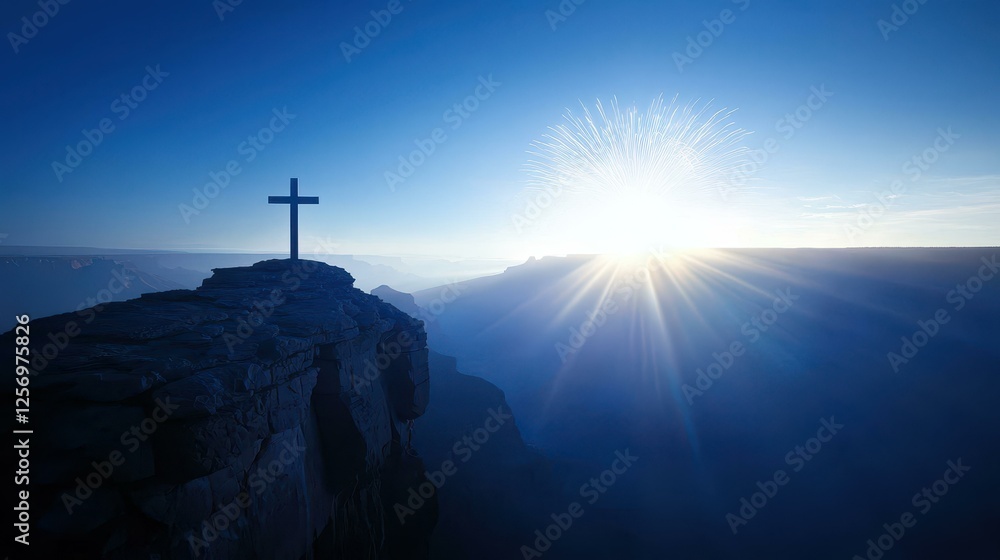 Obraz premium Cross Silhouette Sunburst Over Grand Canyon Landscape
