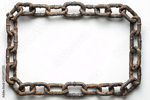 rusty metal chain frame on white background for industrial design and construction themes