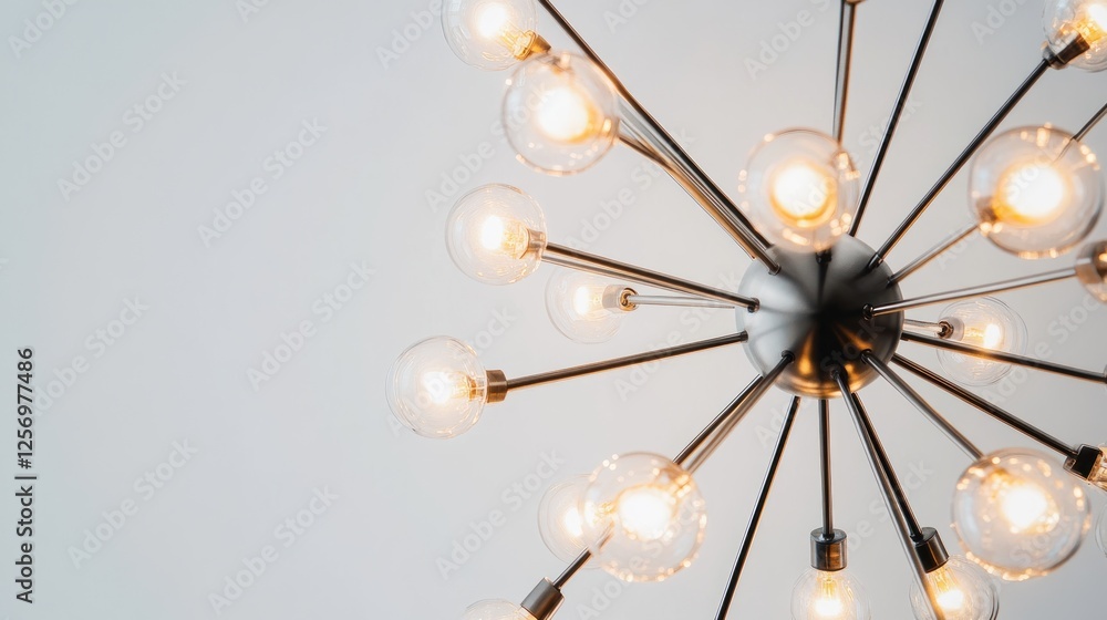 Obraz premium Modern chandelier, interior lighting, bright bulbs, home decor, white wall background