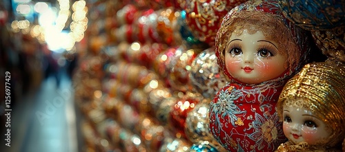 Festive dolls market display, bokeh background, holiday shopping