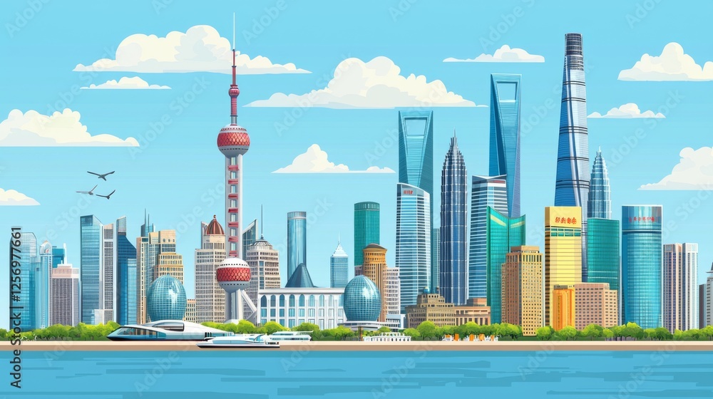 Obraz premium Vibrant Cityscape of Shanghai with Iconic Skyscrapers and Blue Sky in a Colorful Daytime Illustration