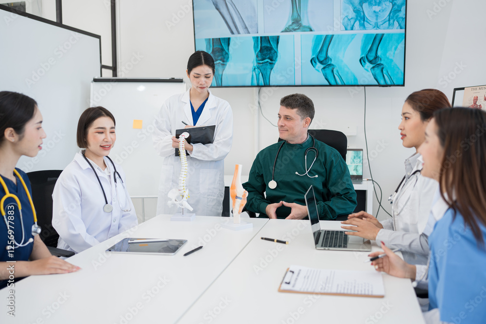 Fototapeta premium Hospital medical team meetings and discussions about surgery, and medical staff working together in a clinic conference room.