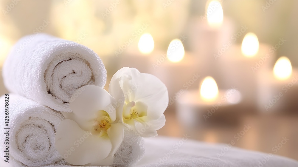 Elegant spa setup with rolled towels white orchids and soft candlelight ambiance : Generative AI Elegant spa setup with rolled towels white orchids and soft candlelight ambiance : Generative AI