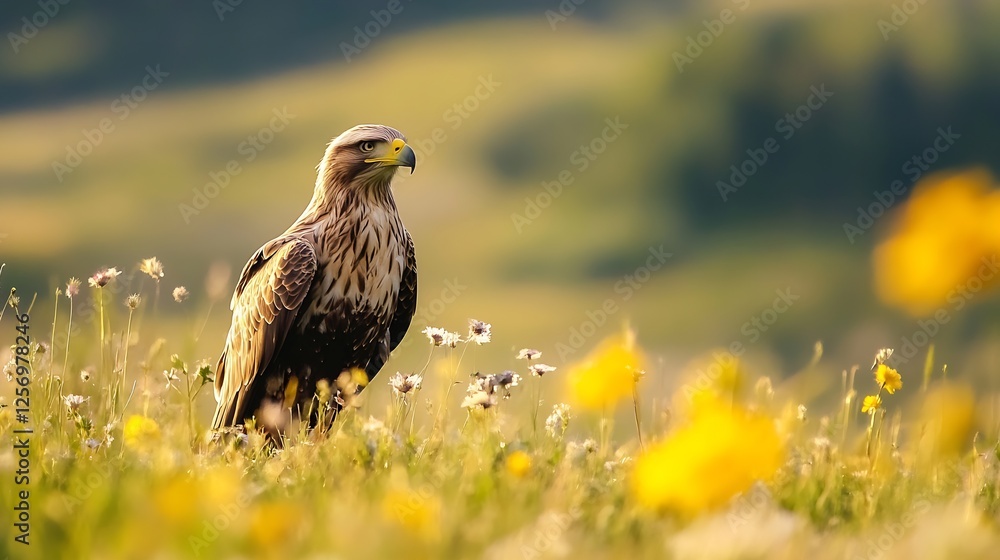Fototapeta premium Stunning Portrait of a Hawk Perched Gracefully Among Vibrant Flowers in a Natural Meadow Setting : Generative AI