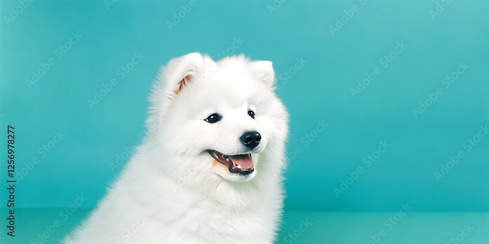 Fototapeta premium Fluffy White Samoyed Dog Smiling on Turquoise Background