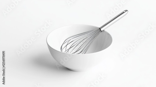 Empty white bowl with whisk, simple kitchen still life photo