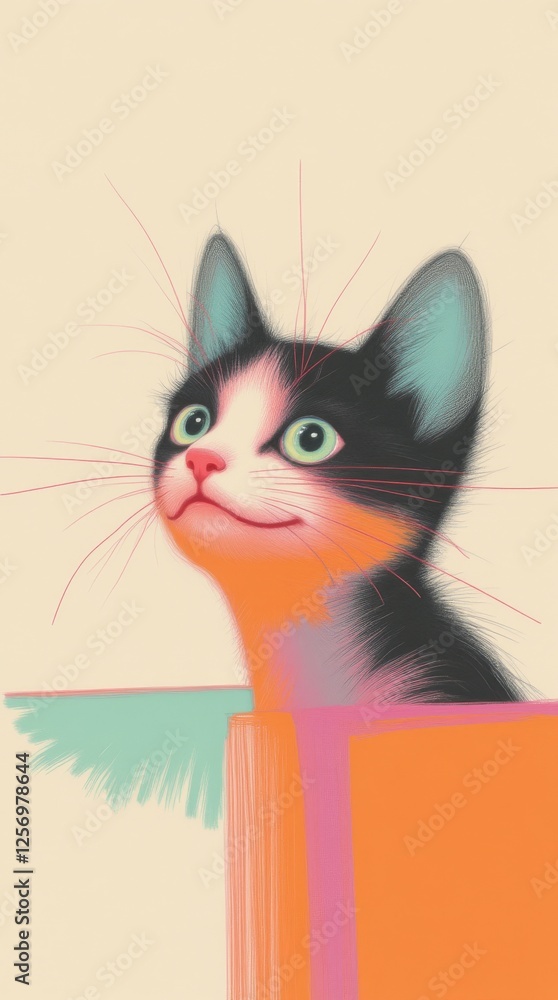Illustration of an adorable cartoon kitten looking upwards from inside a container with curiosity in Illustration of an adorable cartoon kitten looking upwards from inside a container with curiosity in
