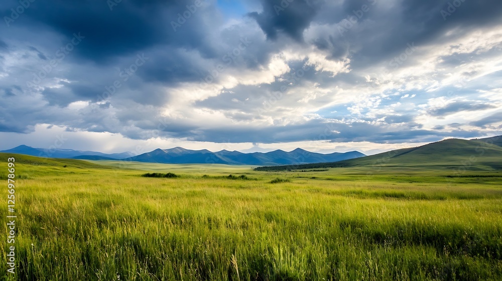 Majestic view of vast green fields and rolling mountains under a dramatic cloudy sky : Generative AI