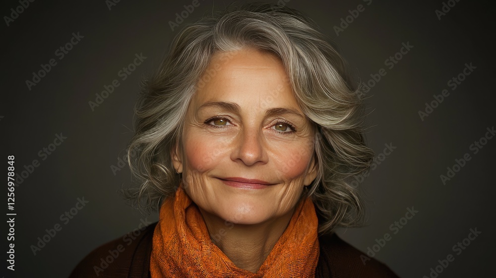 Confident and Stylish Mature Woman with Gray Hair and Orange Scarf Confident and Stylish Mature Woman with Gray Hair and Orange Scarf