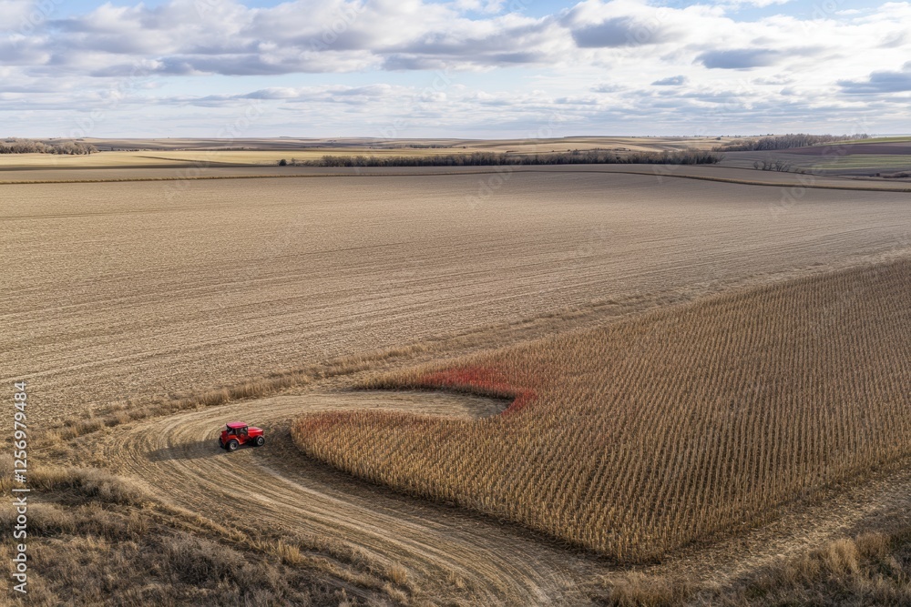 Obraz premium Tractor Working in Vast Agricultural Field Under Dramatic Sky