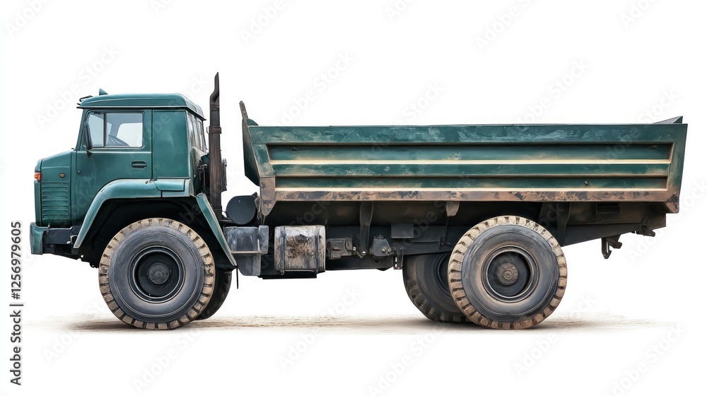 Green dump truck side view on white background, possible use for construction or transportation Green dump truck side view on white background, possible use for construction or transportation