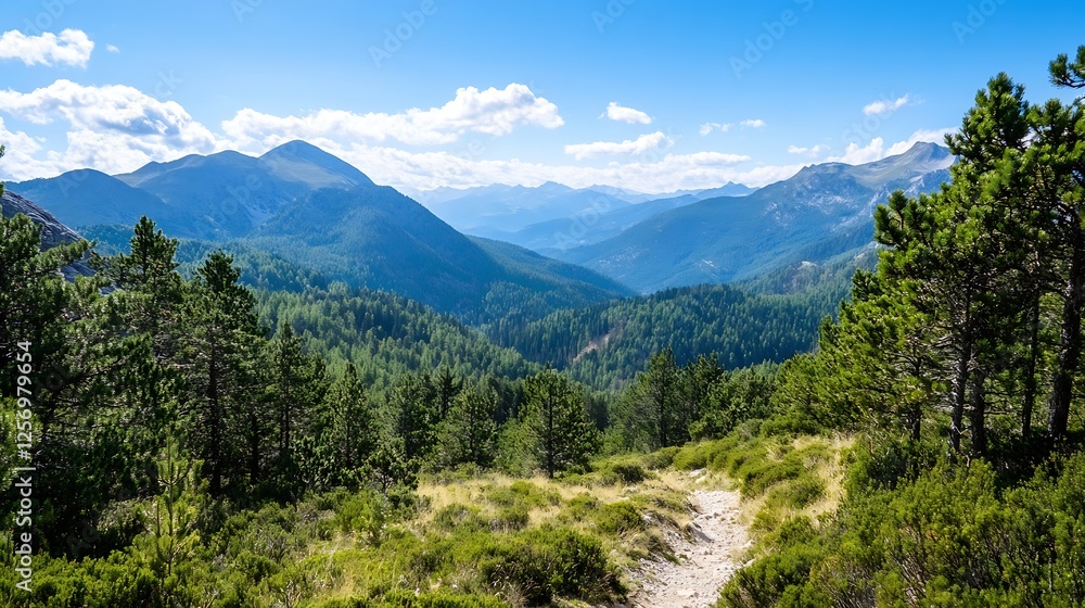 Breathtaking Mountain View Surrounded by Lush Pine Trees Under a Bright Blue Sky : Generative AI Breathtaking Mountain View Surrounded by Lush Pine Trees Under a Bright Blue Sky : Generative AI