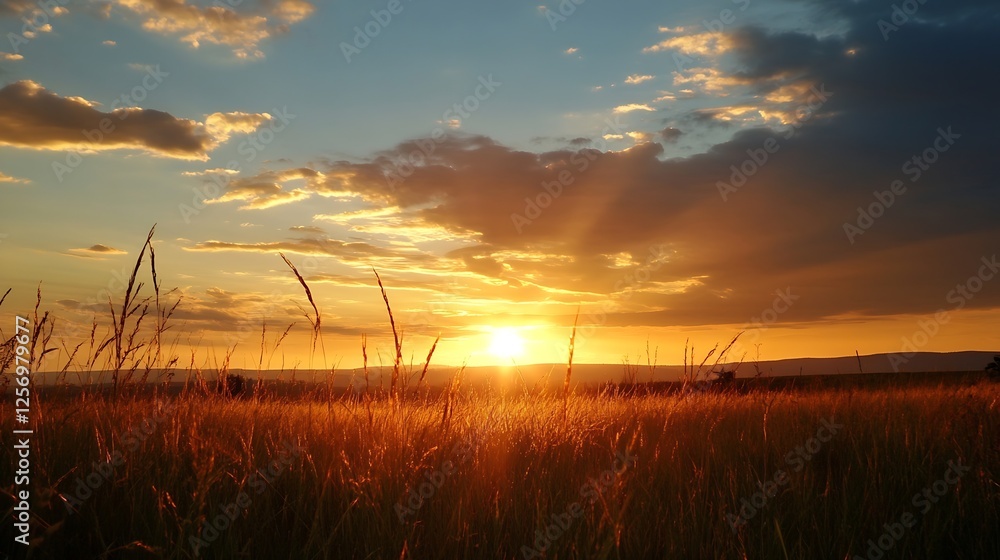 Fototapeta premium Golden sunshine breaking through clouds over lush grass fields at sunset : Generative AI