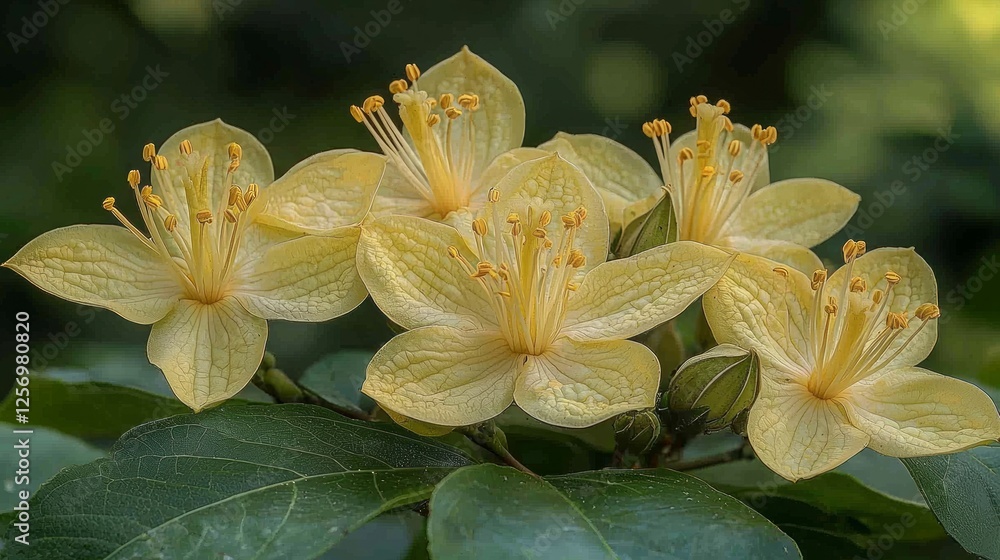 Fototapeta premium Four pale yellow flowers blooming, green foliage background, nature photography, website design