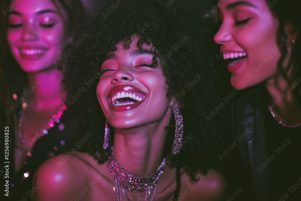 Obraz premium Joyful Laughter Under Neon Lights on the Dance Floor