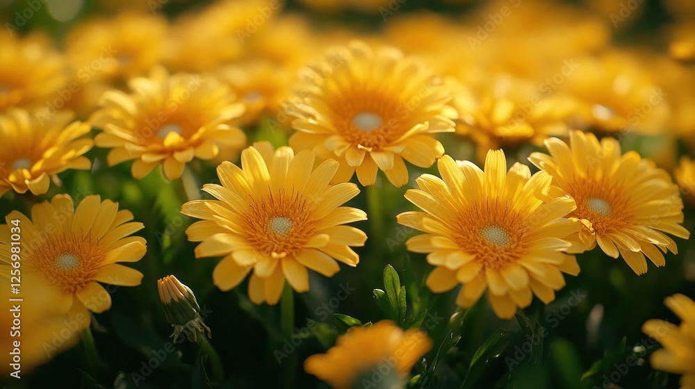 Obraz premium Yellow flowers garden sunset nature background