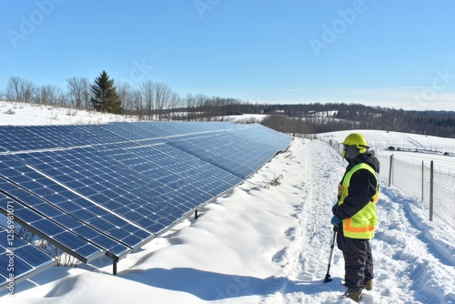 Worker Inspecting Solar Panels in Winter Landscape Under Clear Sky