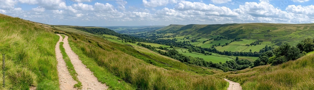 Scenic view of rolling hills and valleys. Scenic view of rolling hills and valleys.