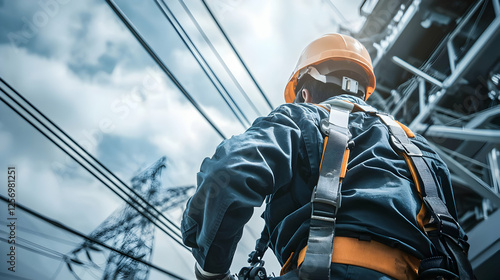 Worker inspecting power lines, high voltage tower, safety harness.