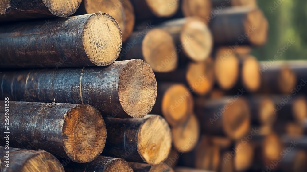 Stack of wooden logs neatly arranged showcasing forestry and the raw material industry in nature : Generative AI
