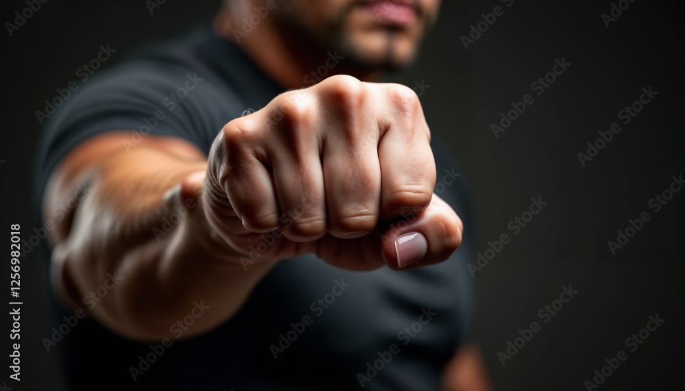 Clenched fist showing strength and determination with intense focus and strong posture Clenched fist showing strength and determination with intense focus and strong posture