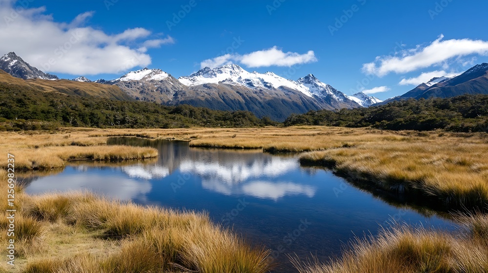 Majestic mountains reflecting in a tranquil lake surrounded by golden grasses : Generative AI Majestic mountains reflecting in a tranquil lake surrounded by golden grasses : Generative AI